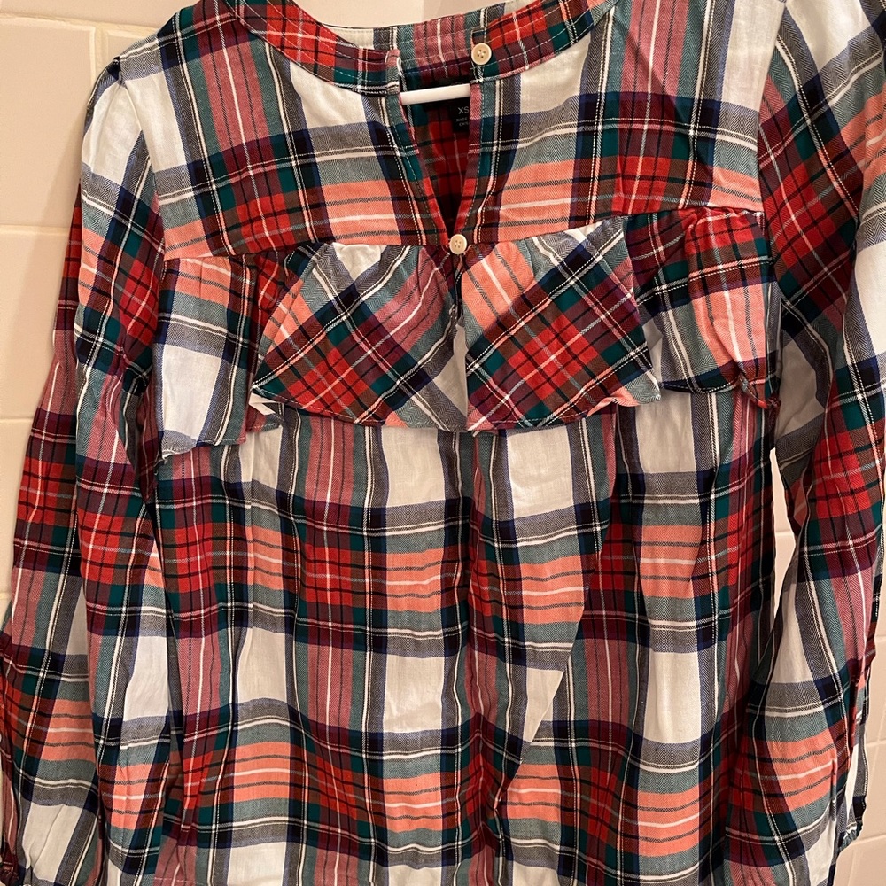 J.Crew Ruffle Top in Snowy Stewart Tartan Plaid holiday size XS